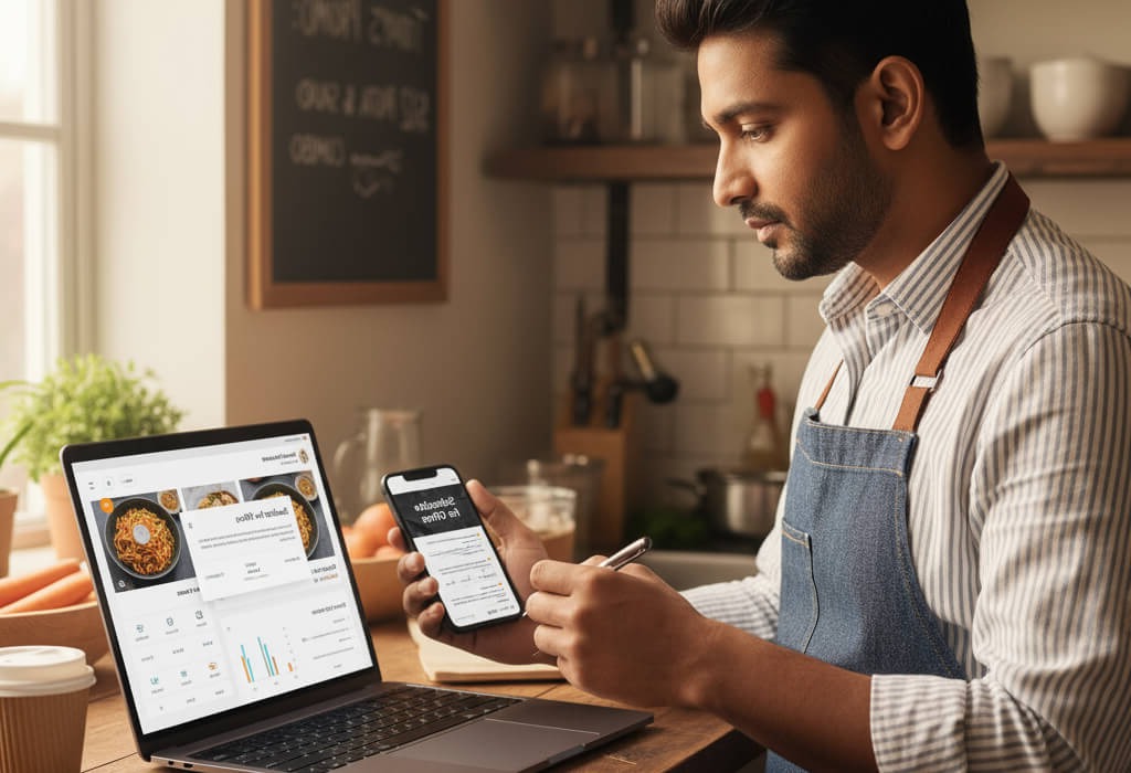 Restaurant owner managing an email marketing campaign to grow customer base beyond social media platforms.