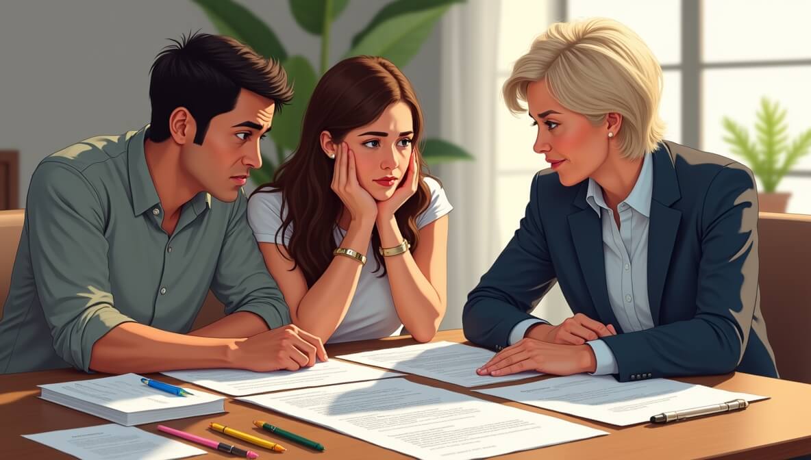 Couple reviewing a prenuptial agreement with a family law attorney.