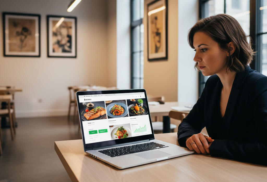 Restaurant owner reviewing a smart restaurant website that drives bookings and online orders, outperforming physical décor in 2025.