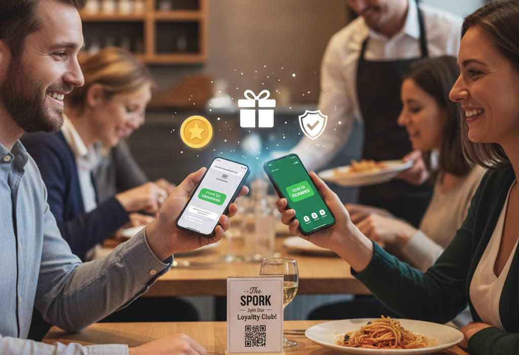 Diners using a digital restaurant loyalty program on their phones, earning rewards and discounts for frequent visits.