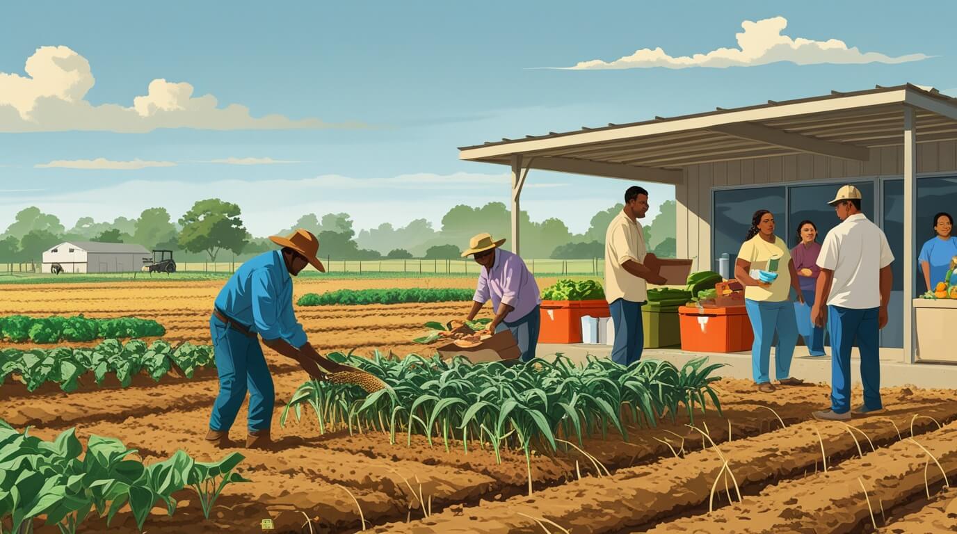 Farmers in a drought-affected field and community members receiving food, showing climate change impacts on food security.