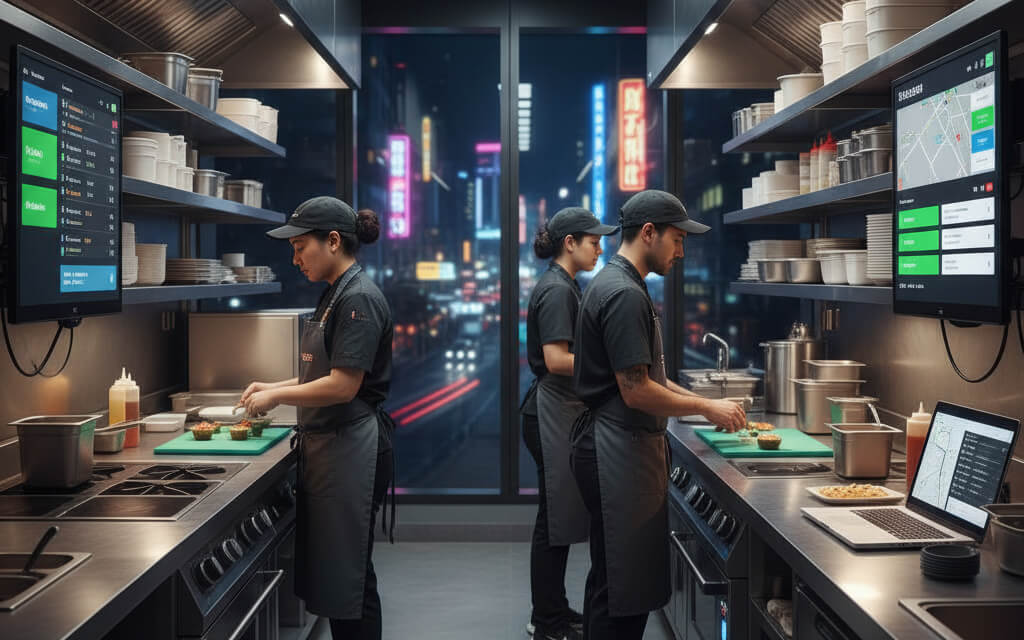 Chefs preparing food in a modern ghost kitchen using digital order screens for online and delivery-based restaurant operations.
