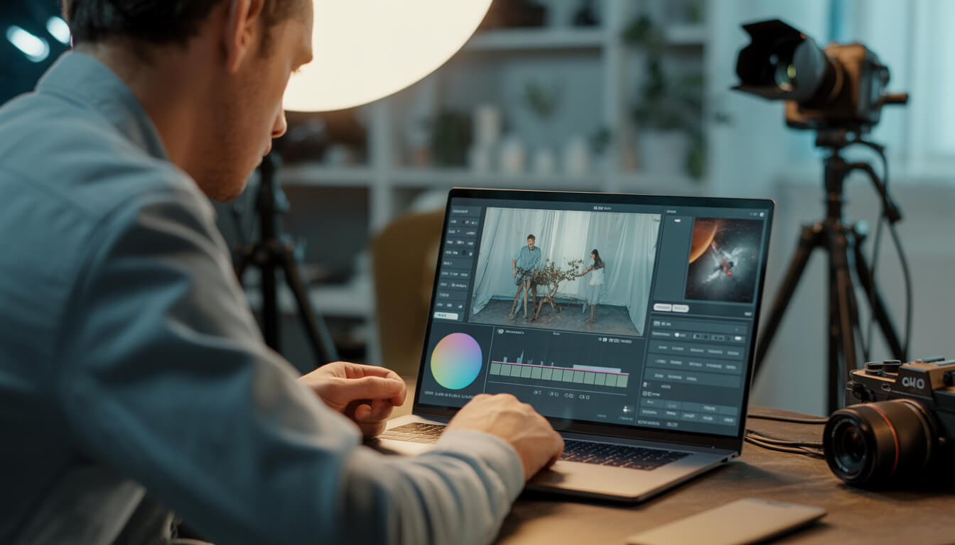 Photographer using AI tools to edit and enhance photos in a modern studio