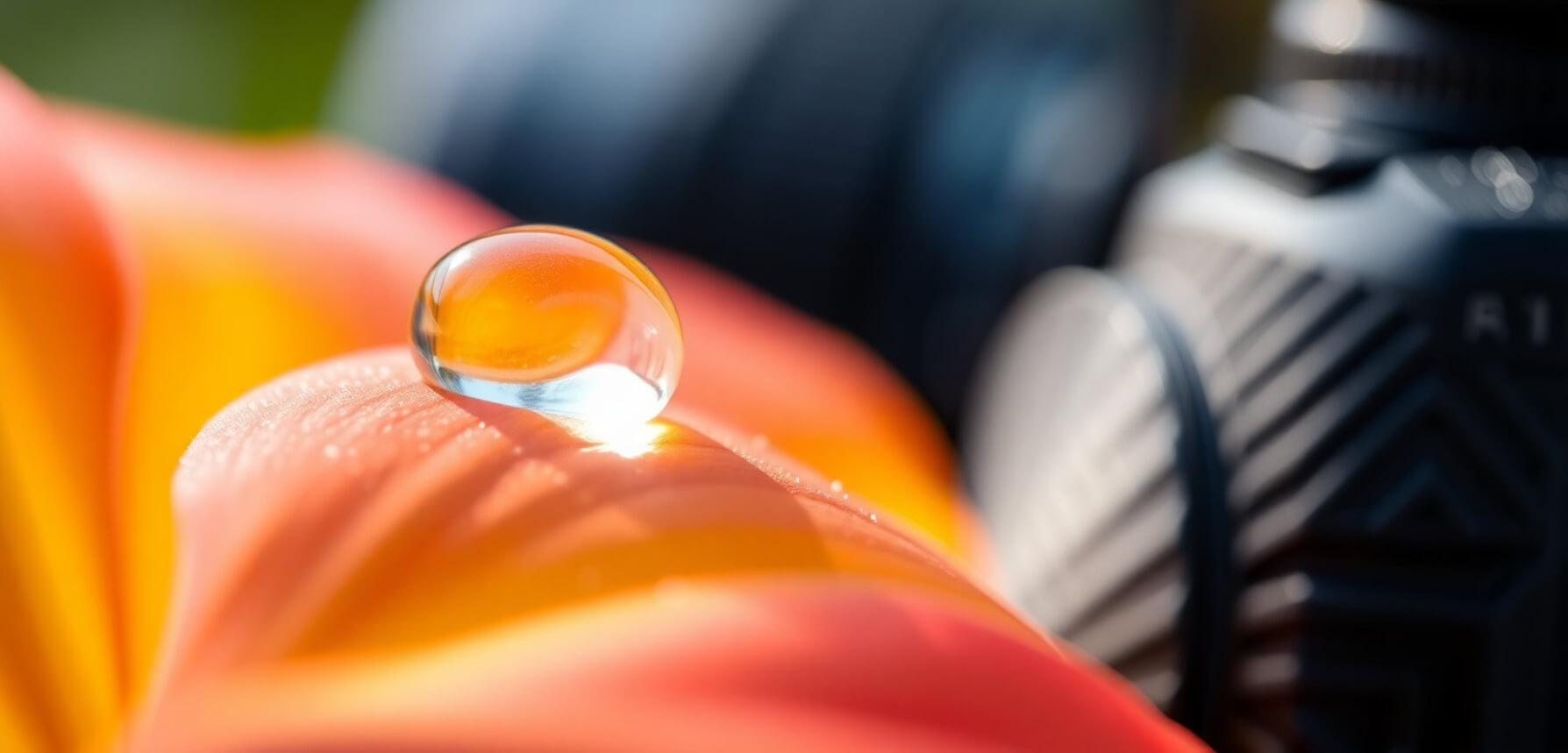 Close-up macro image of a water droplet on a flower petal captured with a macro lens.