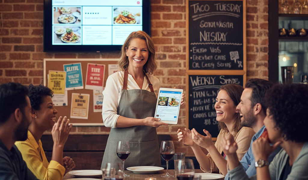 Restaurant owner promoting low-cost marketing strategies with social media, email, and events to attract diners.