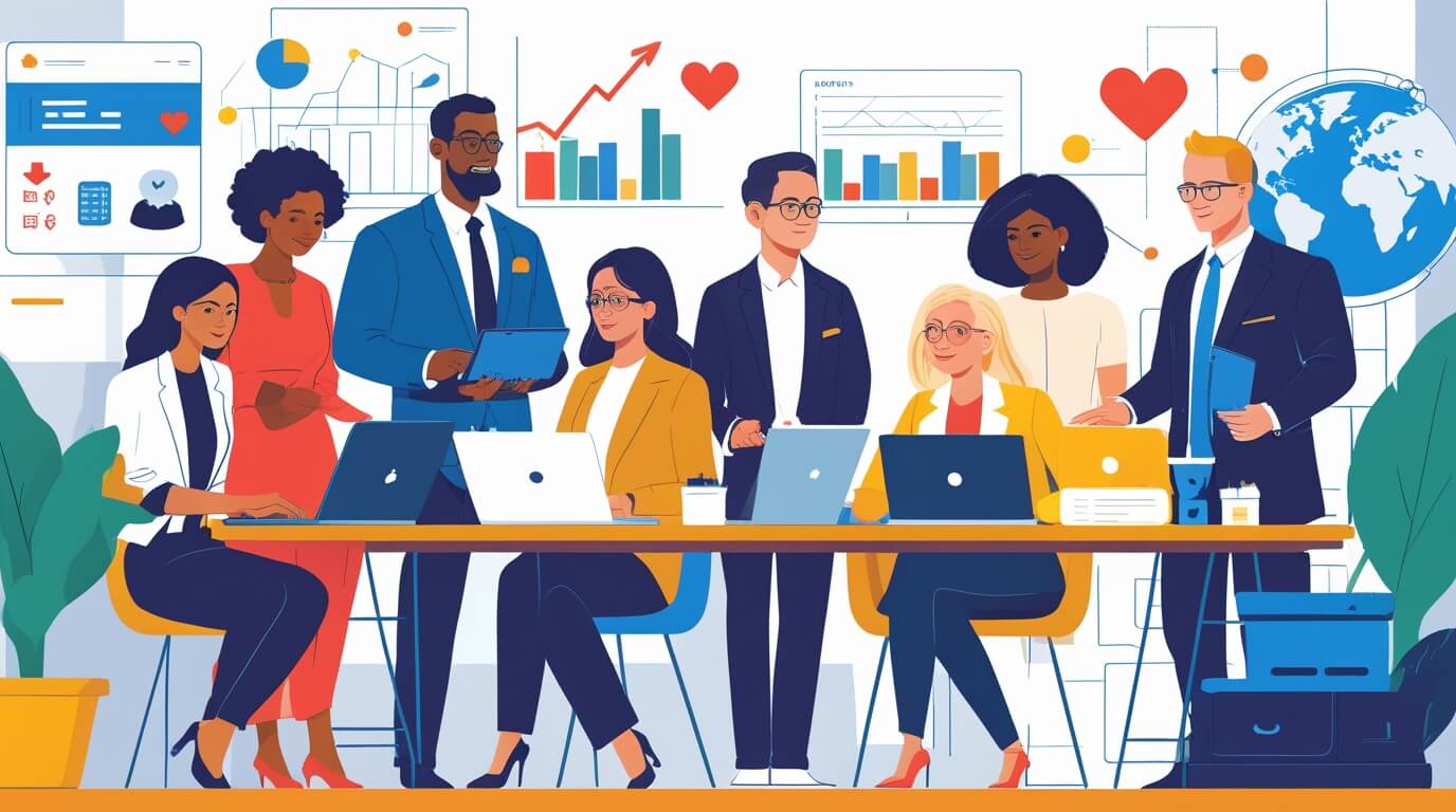 Illustration of diverse donors and nonprofit leaders collaborating with digital tools, charts, and heart icons to represent the evolving future of philanthropy.