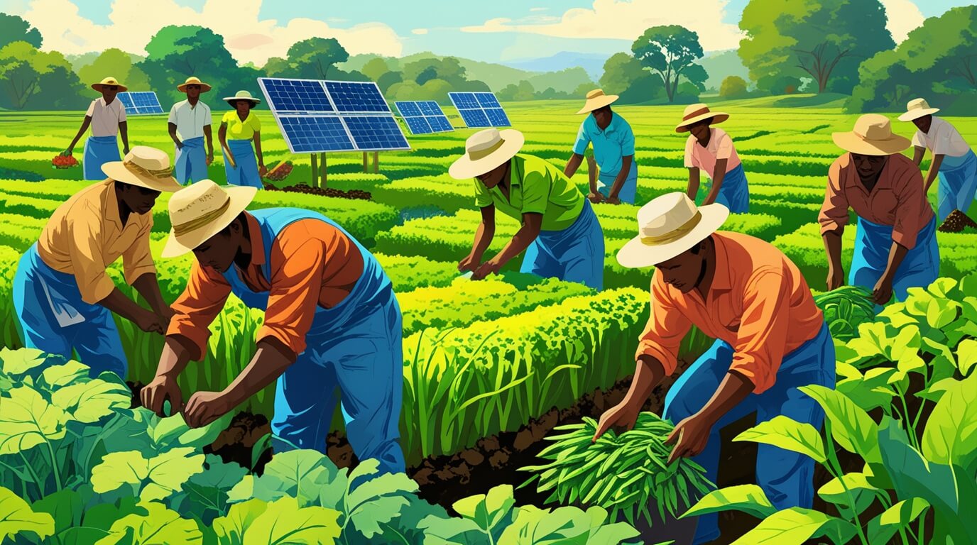 Farmers practicing sustainable agriculture with eco-friendly methods to promote food security and poverty alleviation.
