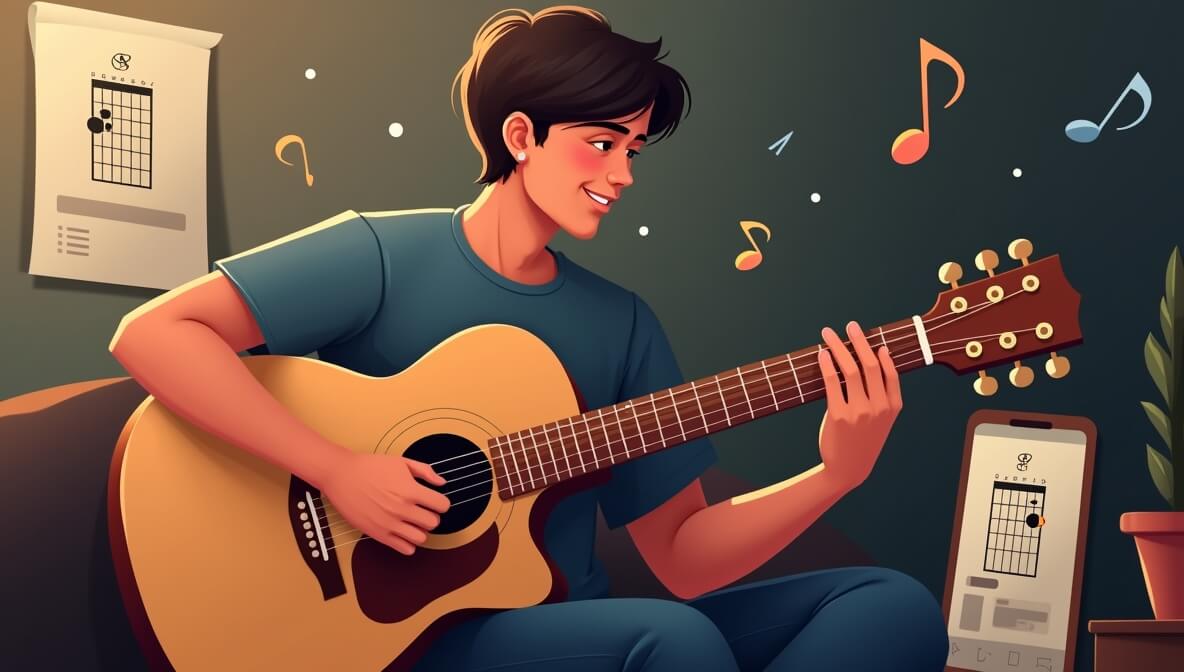 Beginner guitarist practicing at home with chord charts, tuner app, and floating musical notes, symbolizing effective learning tips.