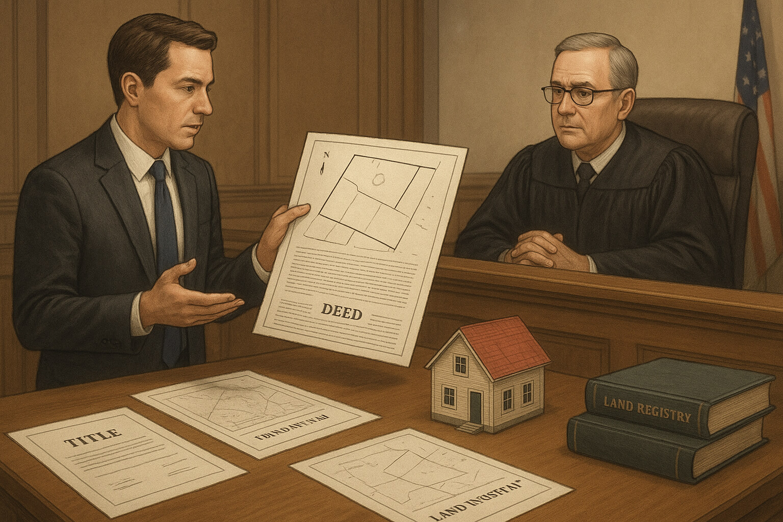 Lawyer reviewing property deeds and boundary maps in court during a real estate title dispute case.