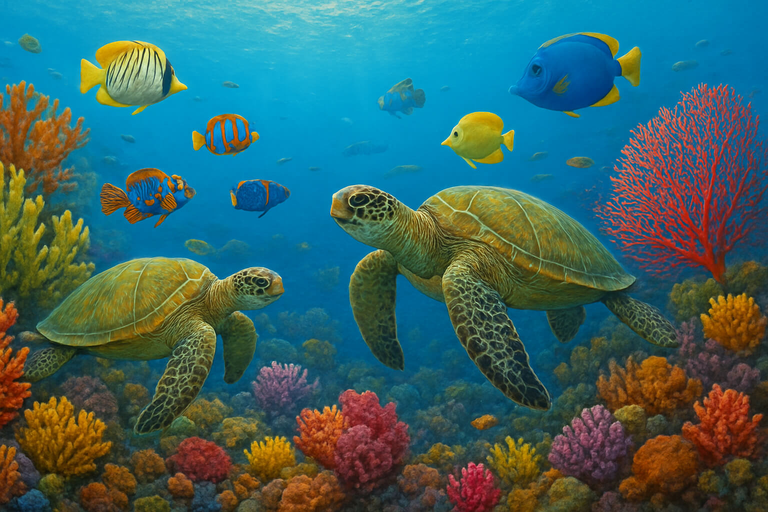 Colorful coral reef with tropical fish and sea turtles showcasing marine biodiversity.