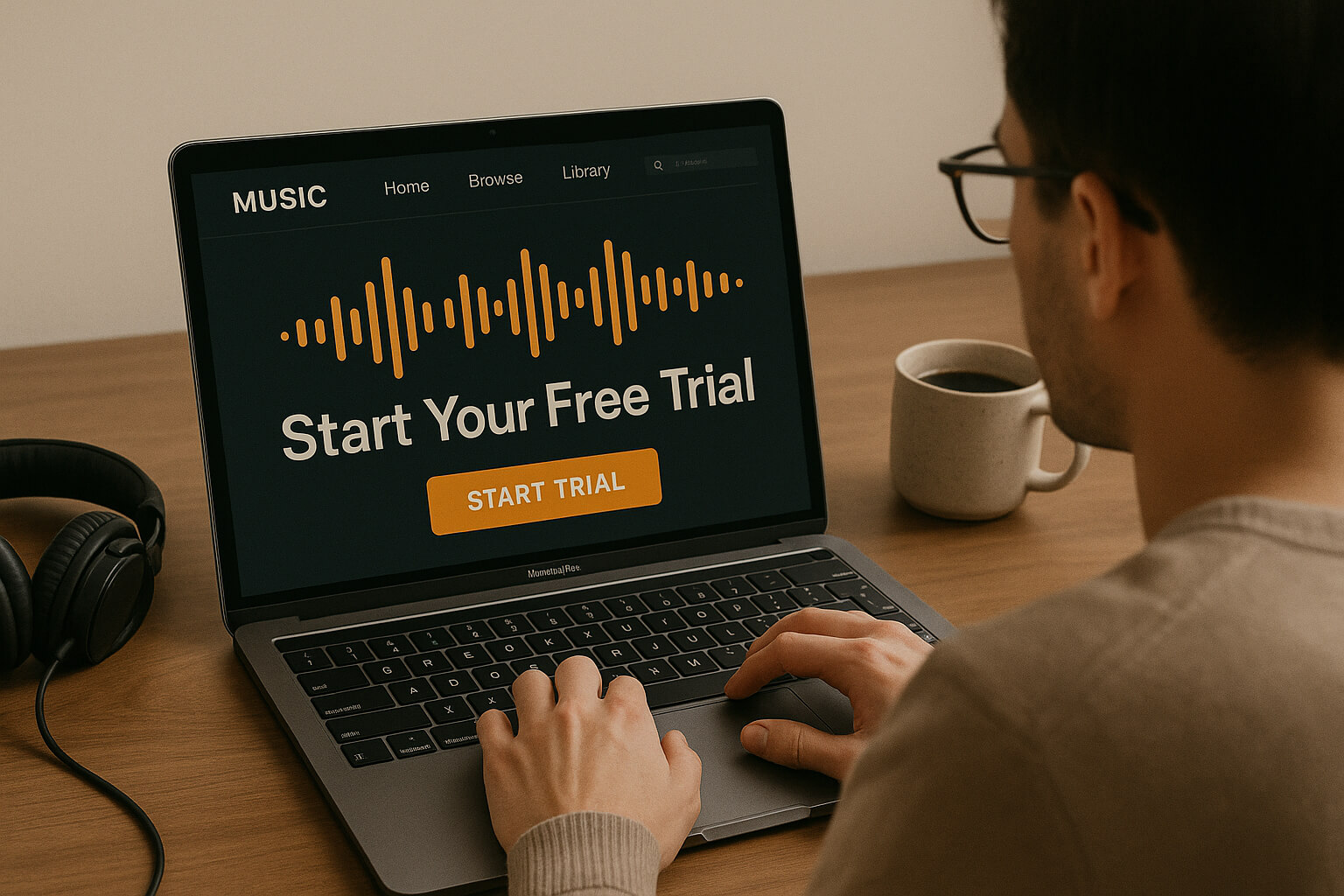 Laptop screen showing music platform interface with 'Start Free Trial' button visible; headphones beside it.