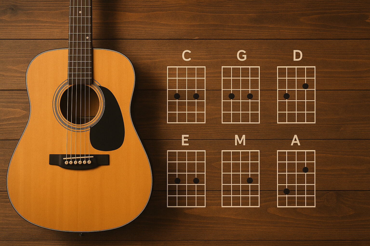 Acoustic guitar with chord diagrams for C, G, D, E minor, and A minor displayed on a warm wooden background.