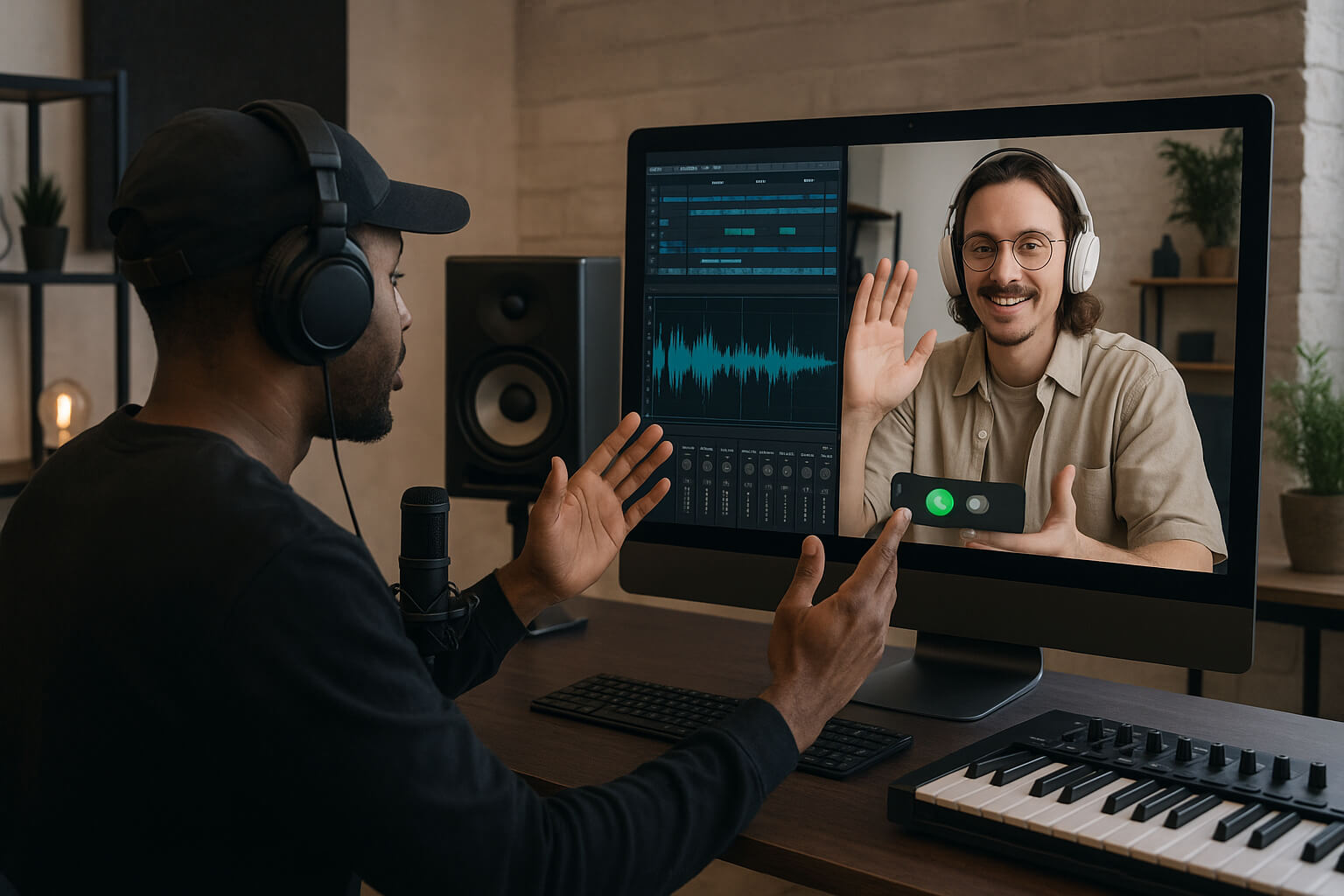 Music producer giving feedback over a video call with DAW visible on-screen.