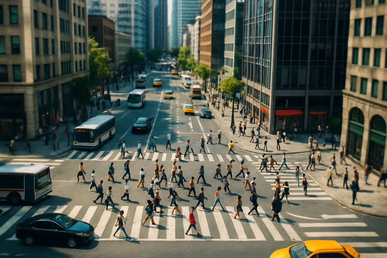 Tilt-shift image of a busy city intersection with miniaturized people and cars.
