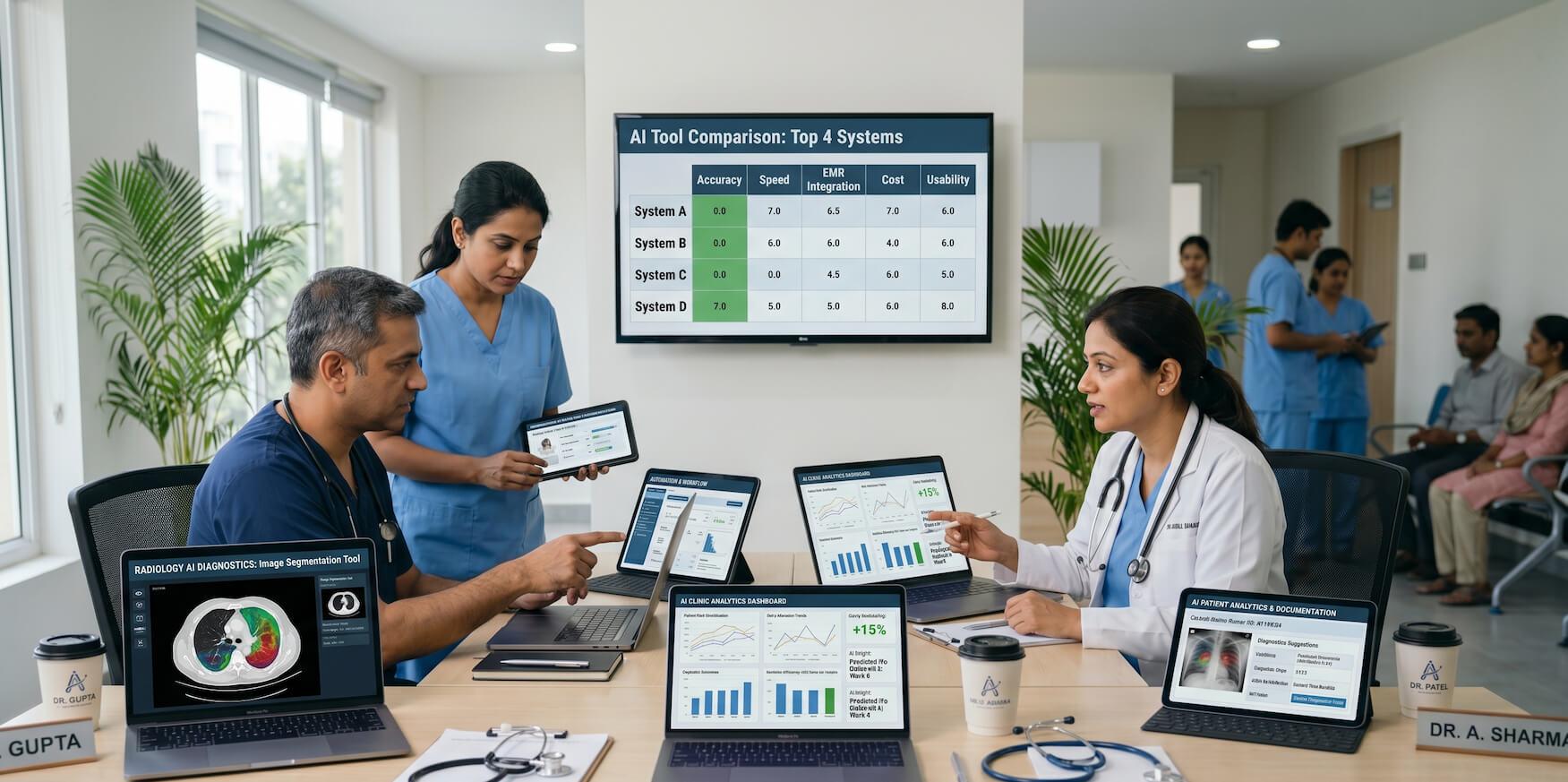 Healthcare professionals comparing AI tools for operations and patient care