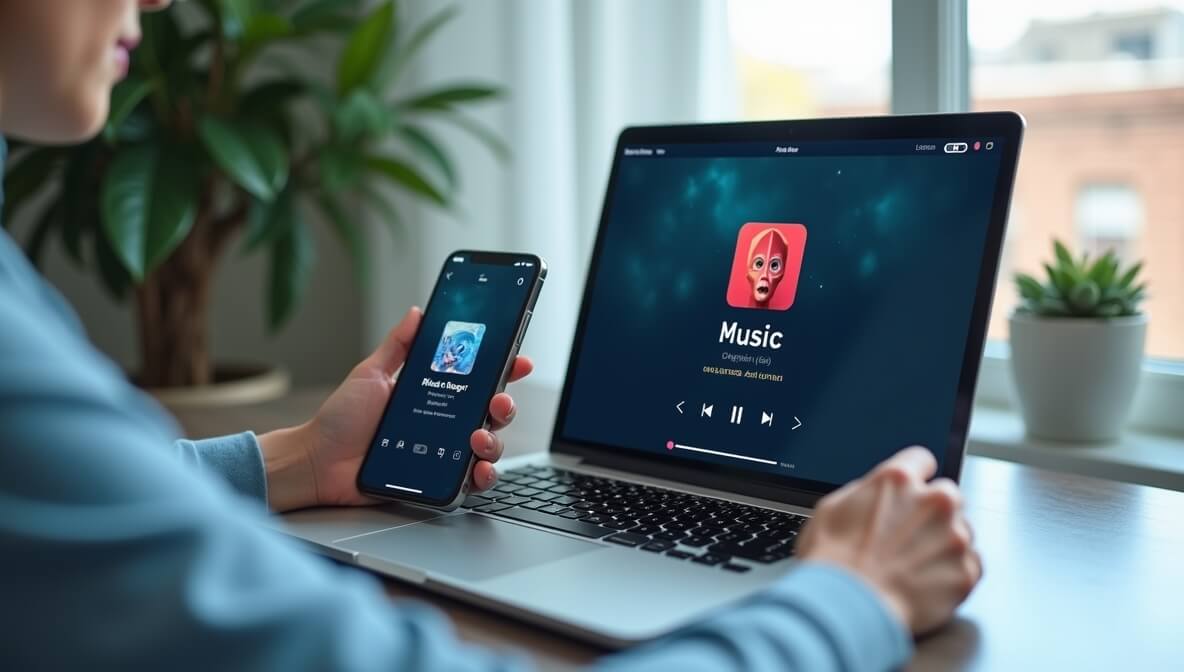 Laptop and smartphone showing free music downloads without signup, representing free music sites with no registration required in 2026.