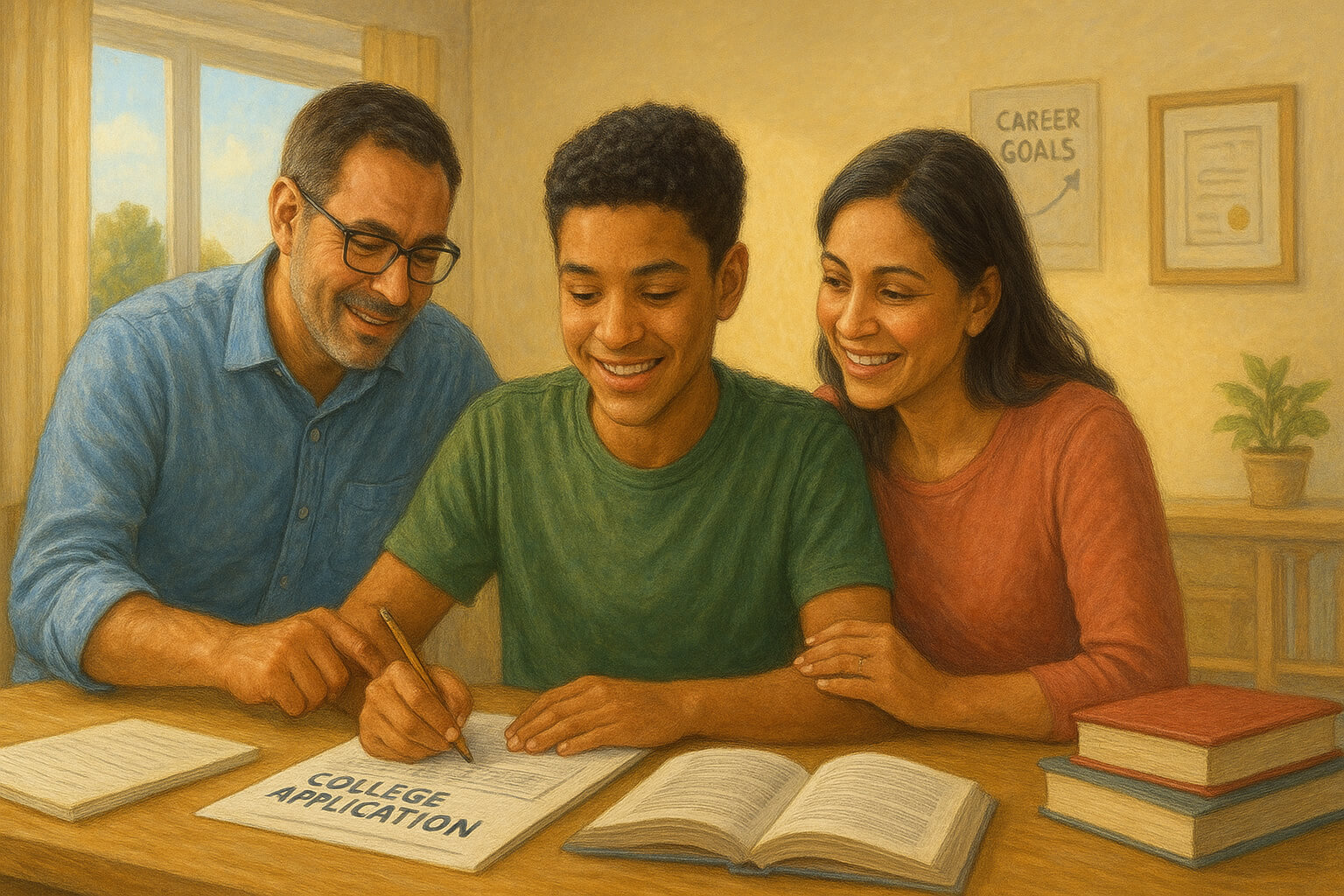 Parents guiding their teenager through college preparation with supportive discussions and planning.