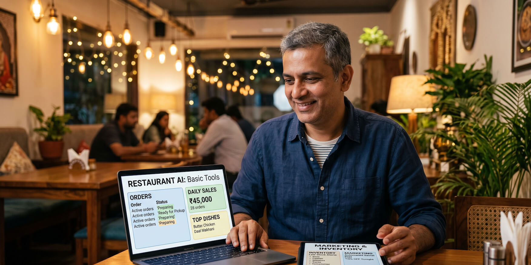 Restaurant owner using simple AI tools to manage and grow their business