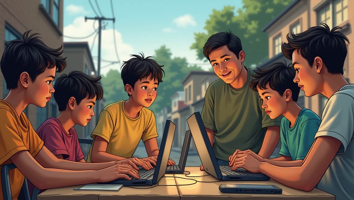 Children in a low-income community sharing a computer with limited internet access, symbolizing the digital divide.