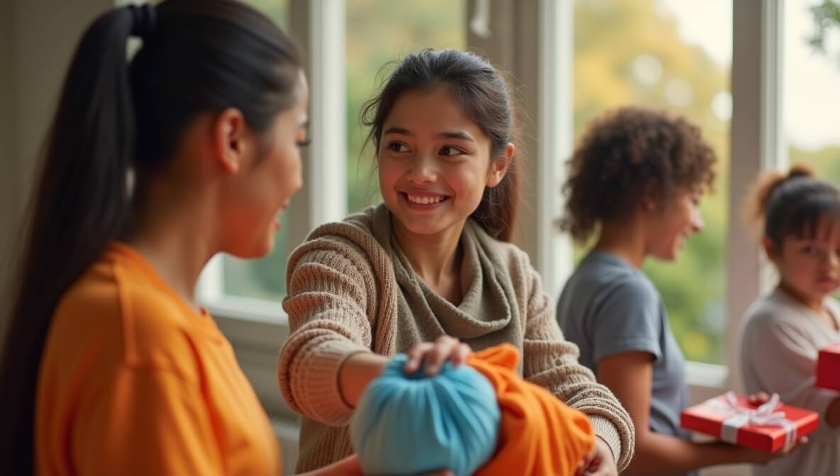 People from diverse backgrounds experiencing joy through acts of giving, including donations and volunteering.