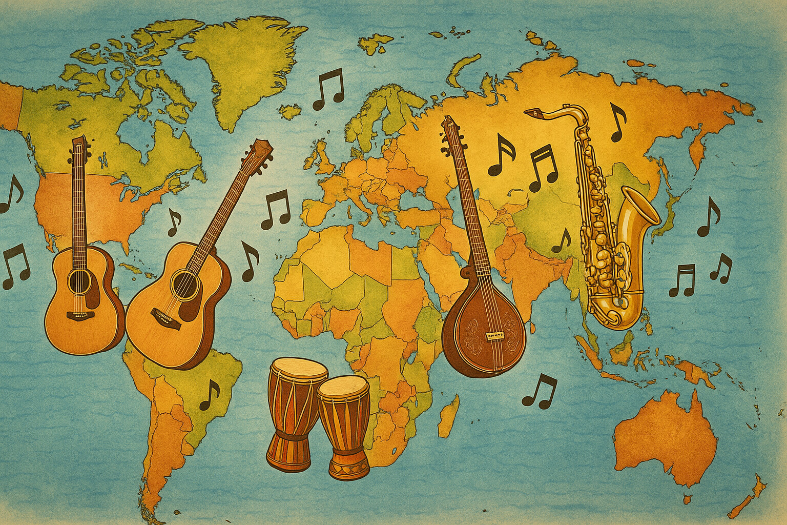 Global music diversity illustration showing instruments and notes from different countries.