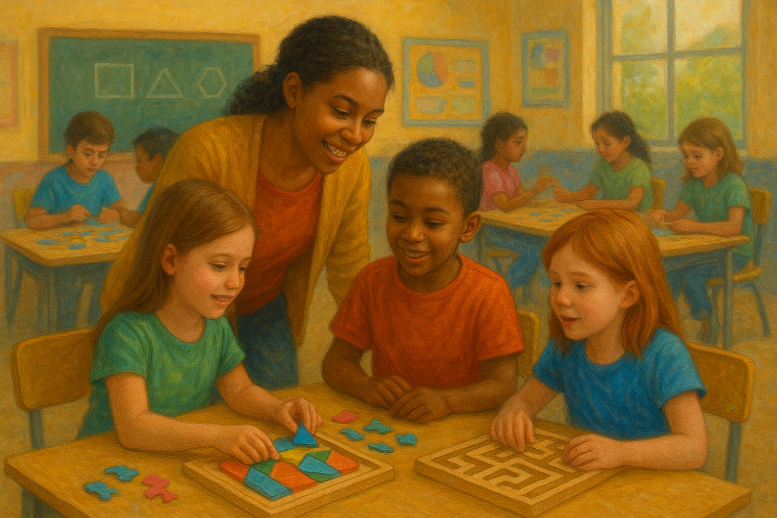 Children engaging in a group activity, solving puzzles and asking questions, guided by a teacher encouraging critical thinking.