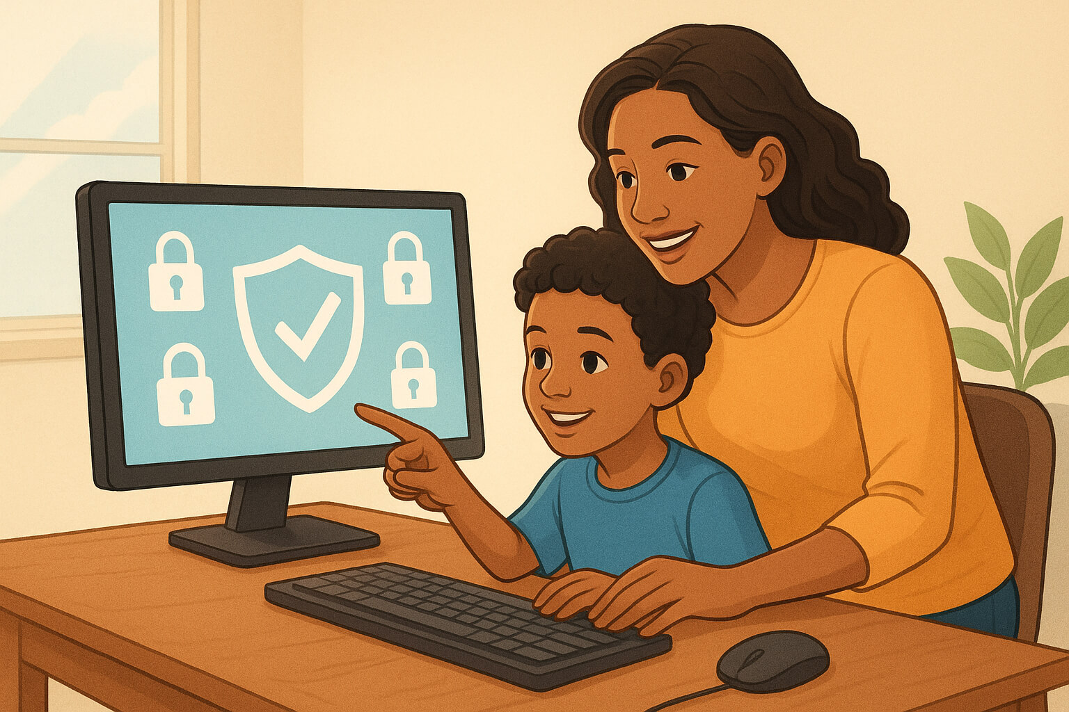 Parent teaching child about online safety on a computer with digital security icons.