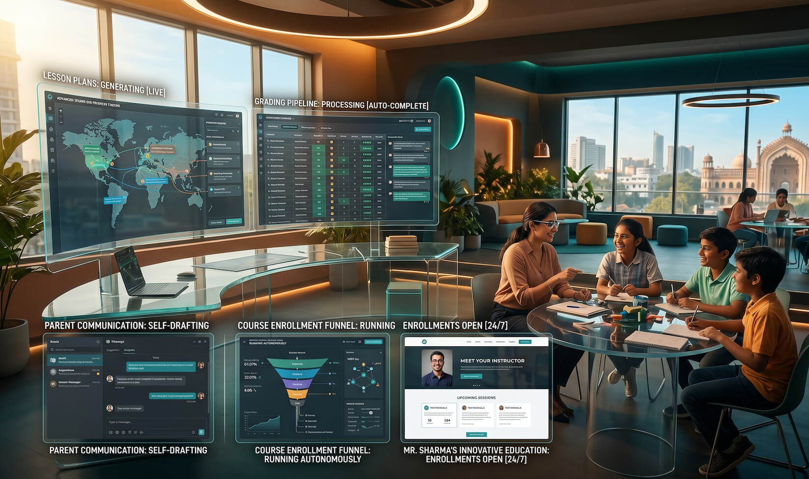An educator working freely with students while AI automation handles planning, grading and administration in the background in 2026