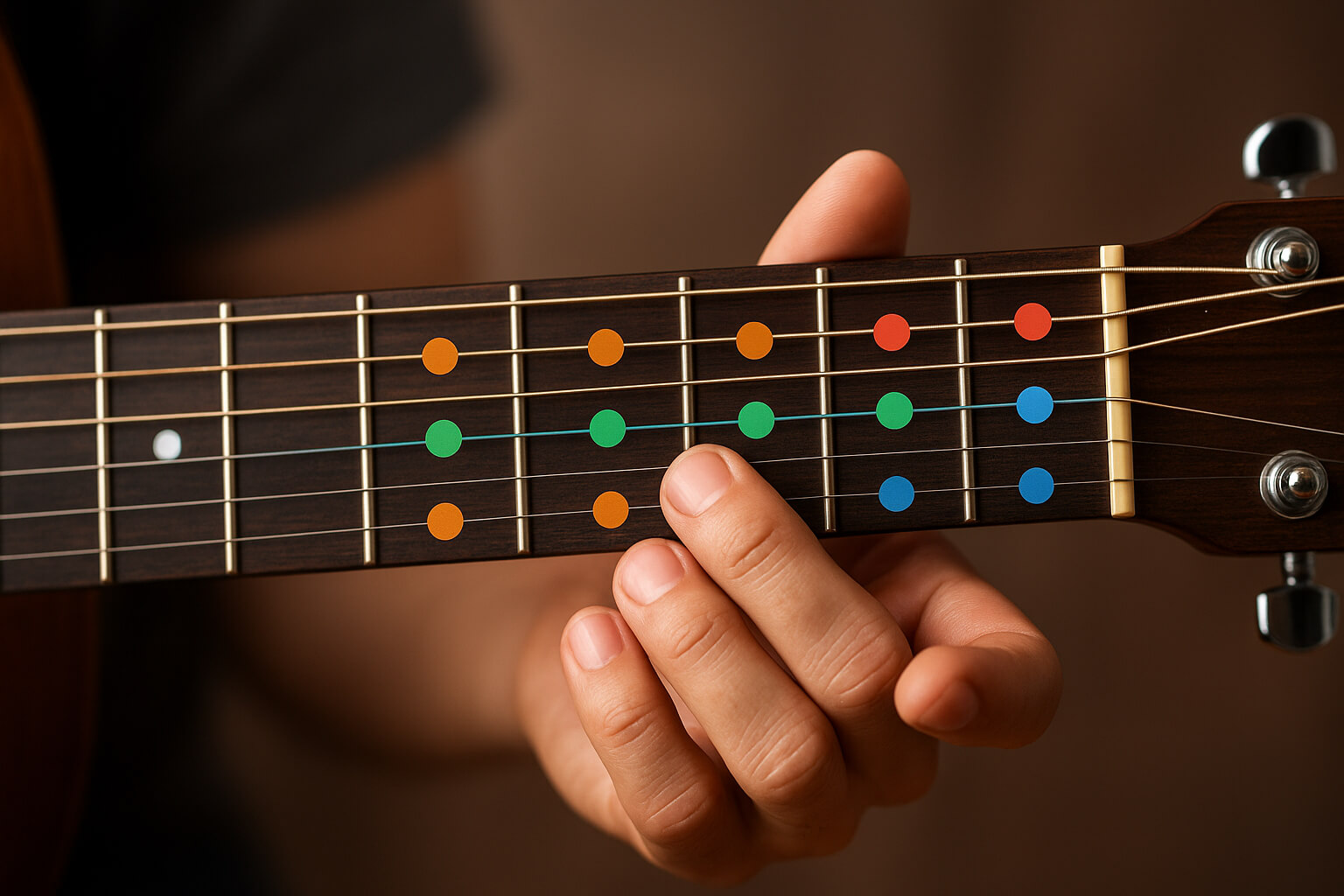 Fretboard Logic diagram showing guitar scale patterns and chord shapes for learning