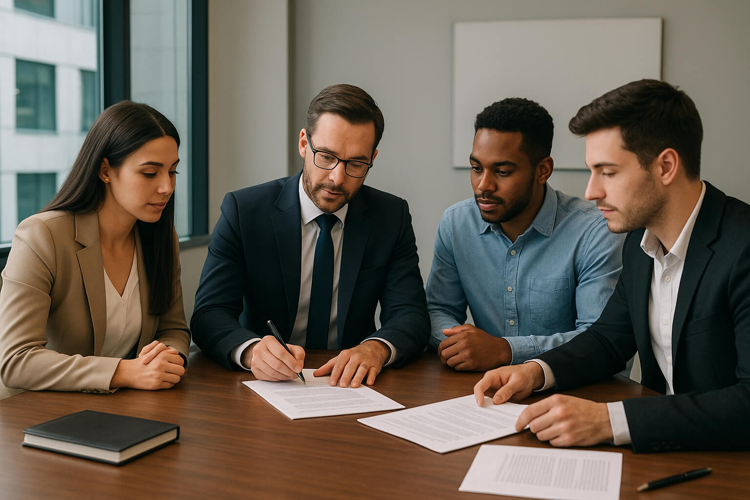 Business lawyer discussing contracts with a team of entrepreneurs in a modern office.