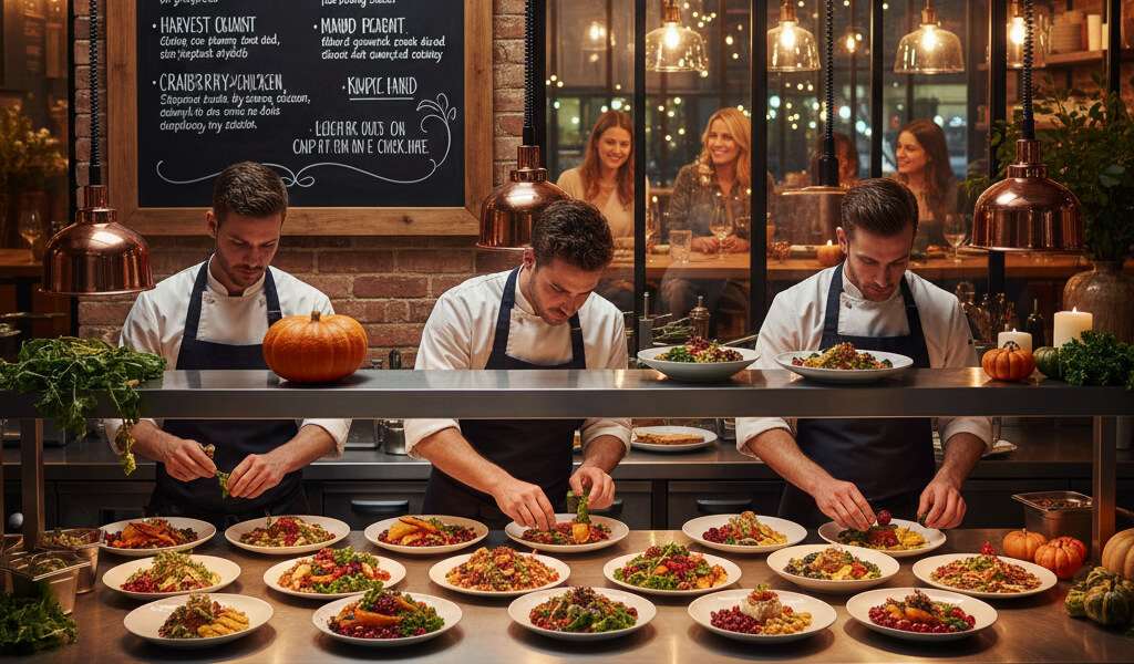Chefs preparing colorful seasonal dishes in a modern restaurant kitchen with fresh ingredients and seasonal menu boards.