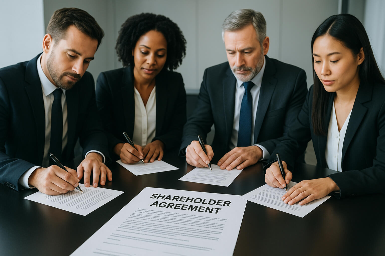 Business professionals signing a shareholder agreement in a modern conference room.