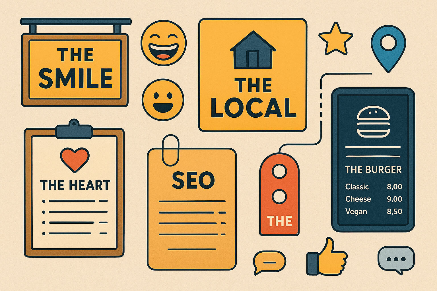 Creative restaurant name ideas displayed on signs representing emotions, culture, and SEO psychology