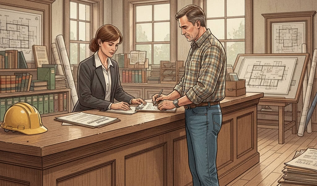 Contractor filing a mechanic’s lien document with construction plans on a desk in an office setting.