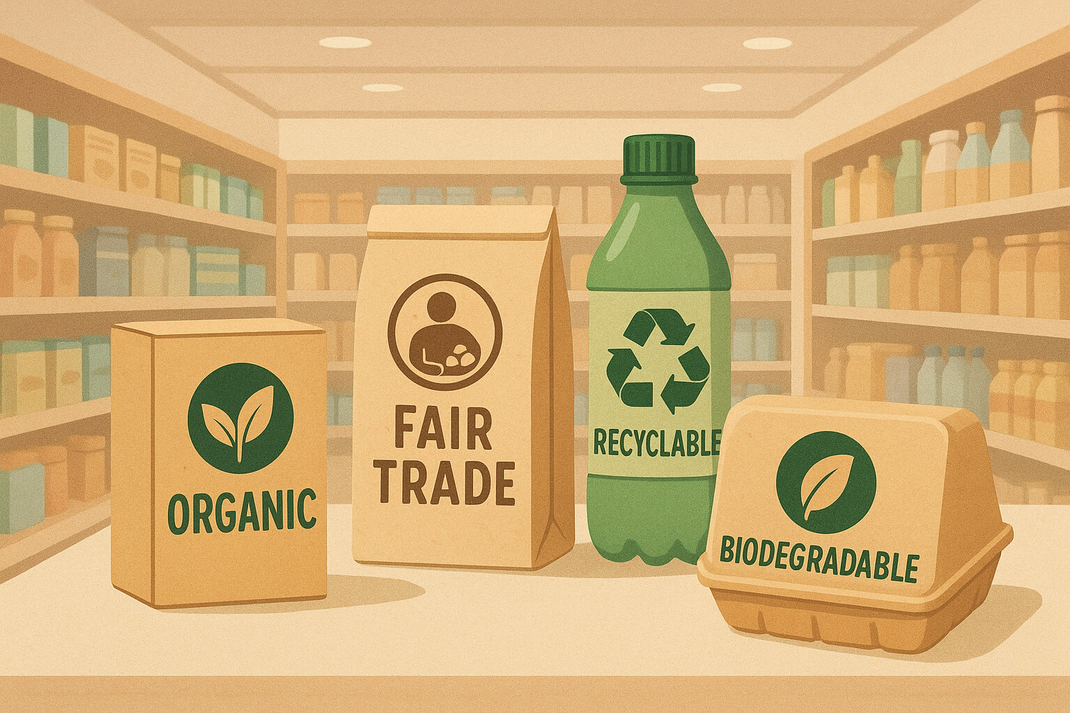 Illustration of various eco-friendly product labels such as organic, fair trade, recyclable, and biodegradable on packaging in a store.