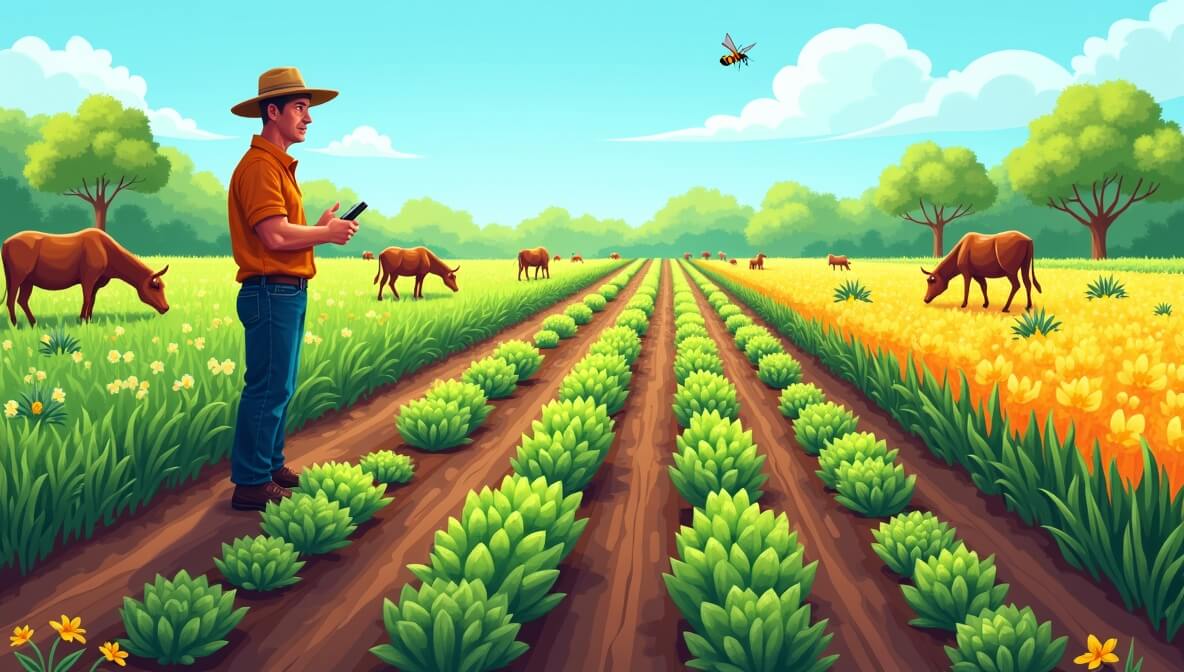 Farmer walking through a lush, diverse field with cover crops and rich soil, symbolizing regenerative agriculture practices.
