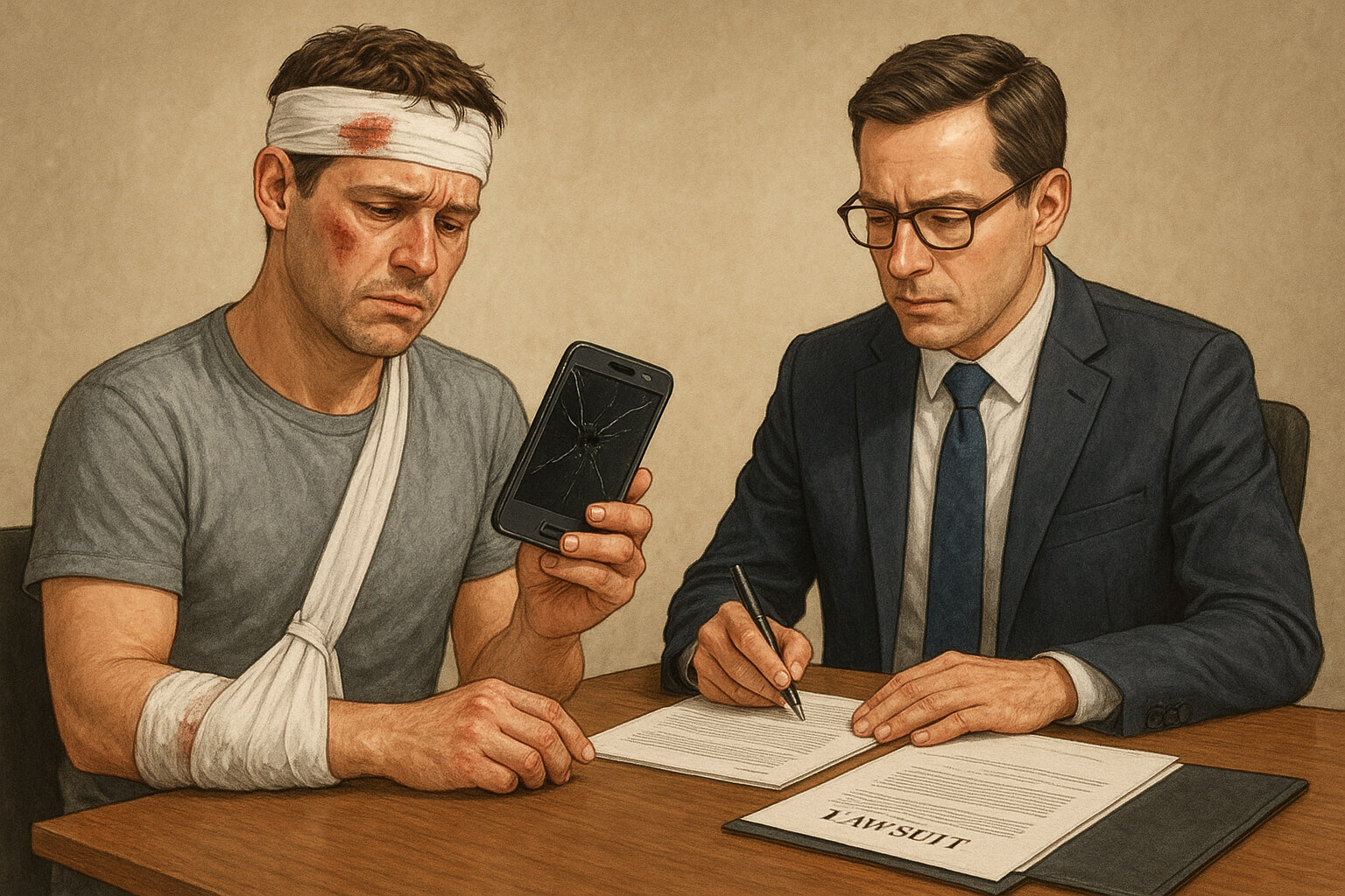 Injured person discussing a defective product with a lawyer while preserving evidence.