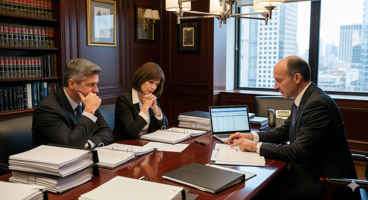 Business partners meeting with an attorney to finalize partnership dissolution paperwork.