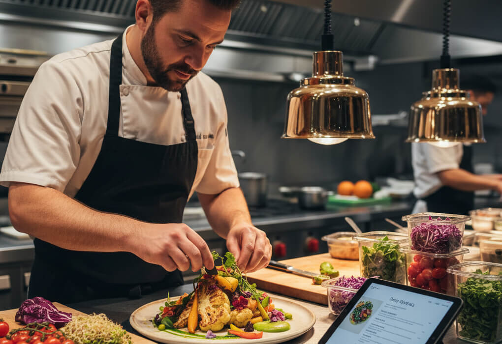 Chef preparing a sustainable, plant-based dish in a modern restaurant kitchen with digital menu and eco-friendly containers.