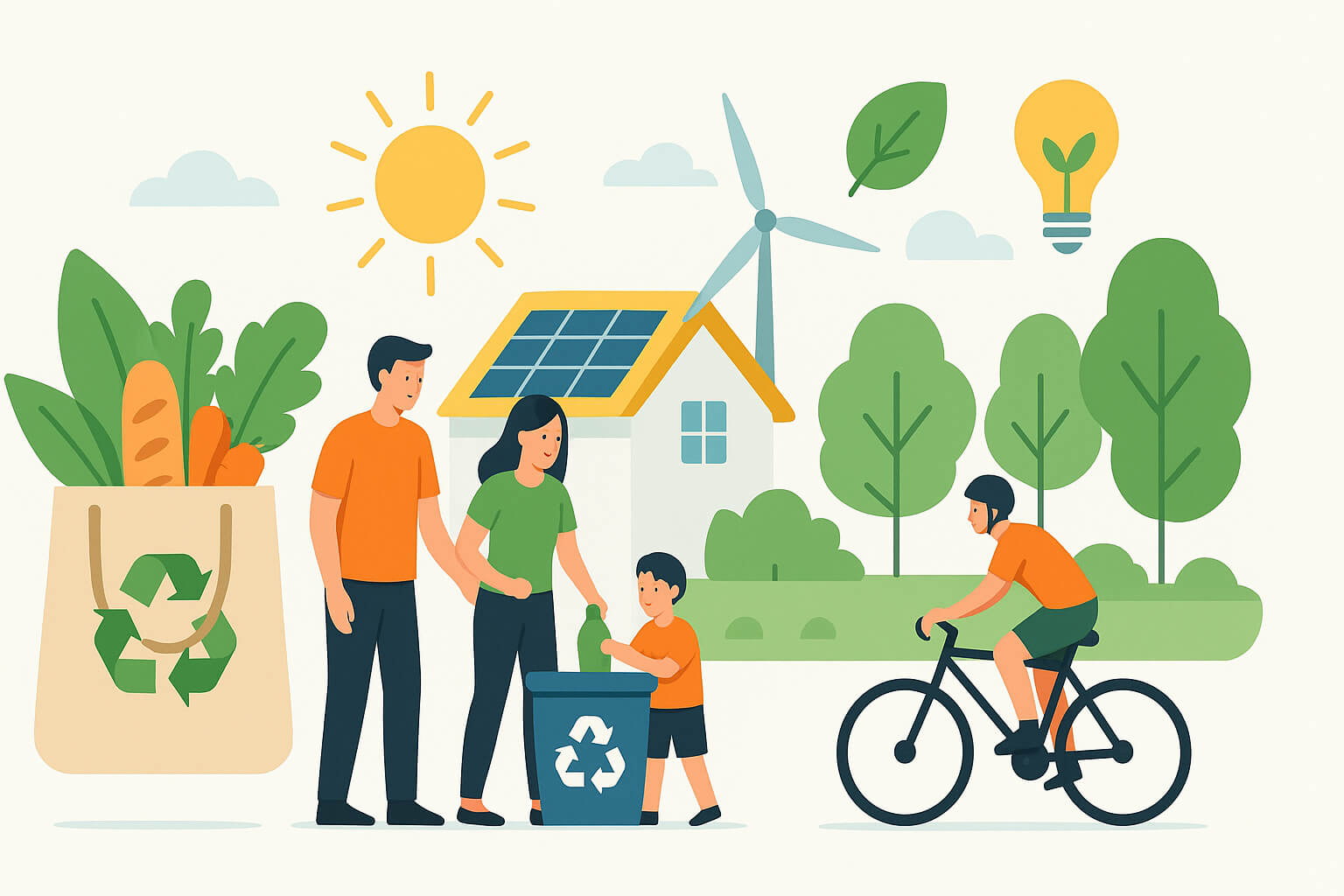 A family practicing sustainable living with reusable bags, recycling bins, solar panels, and bicycles on a green street.