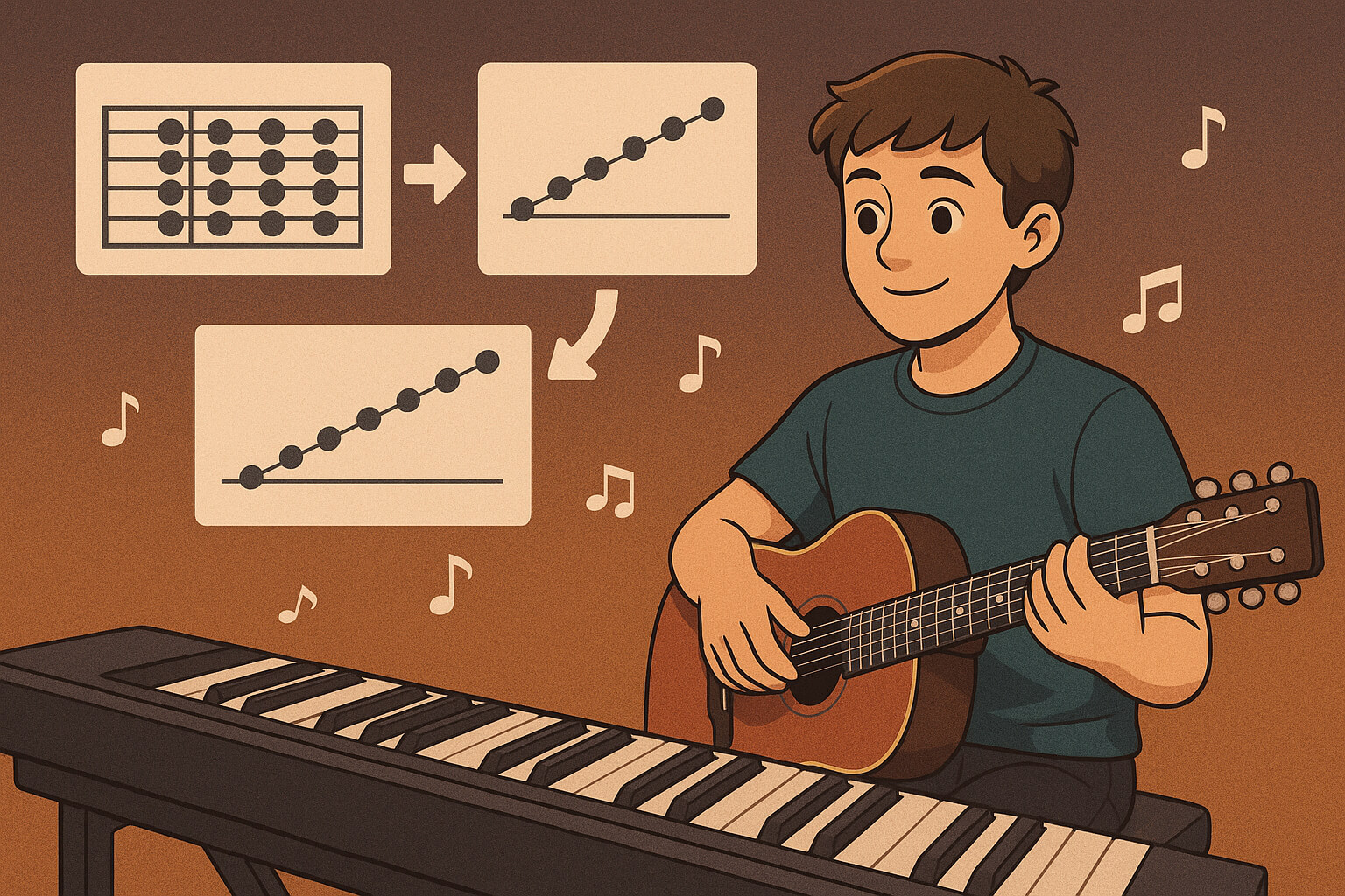 Beginner practicing scales on an instrument with visual guides showing scale patterns and step-by-step practice cues, representing an easy approach to learning scales.