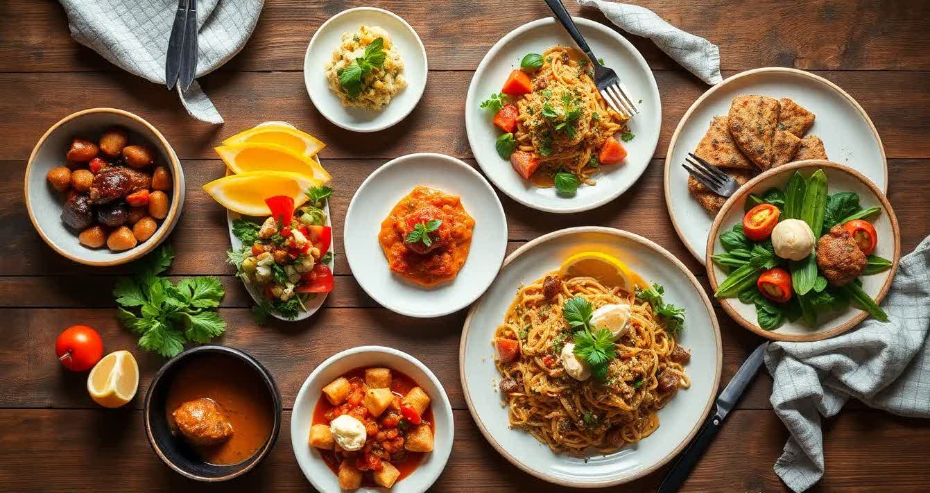 Overhead flat lay of a styled food photography scene with plates, garnishes, and utensils on a rustic table.