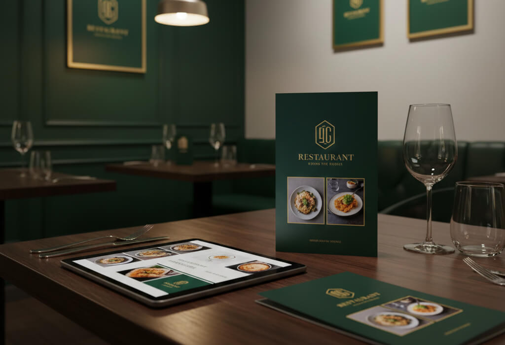 Restaurant showing consistent branding across website, menu, and interior decor to build customer trust and loyalty.
