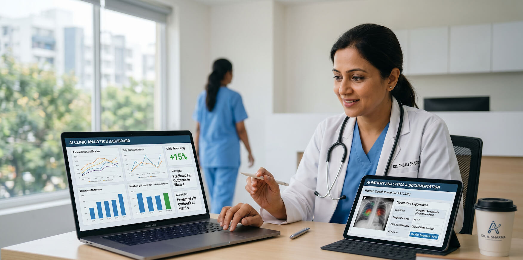 Healthcare professional using AI tools to improve productivity and patient care