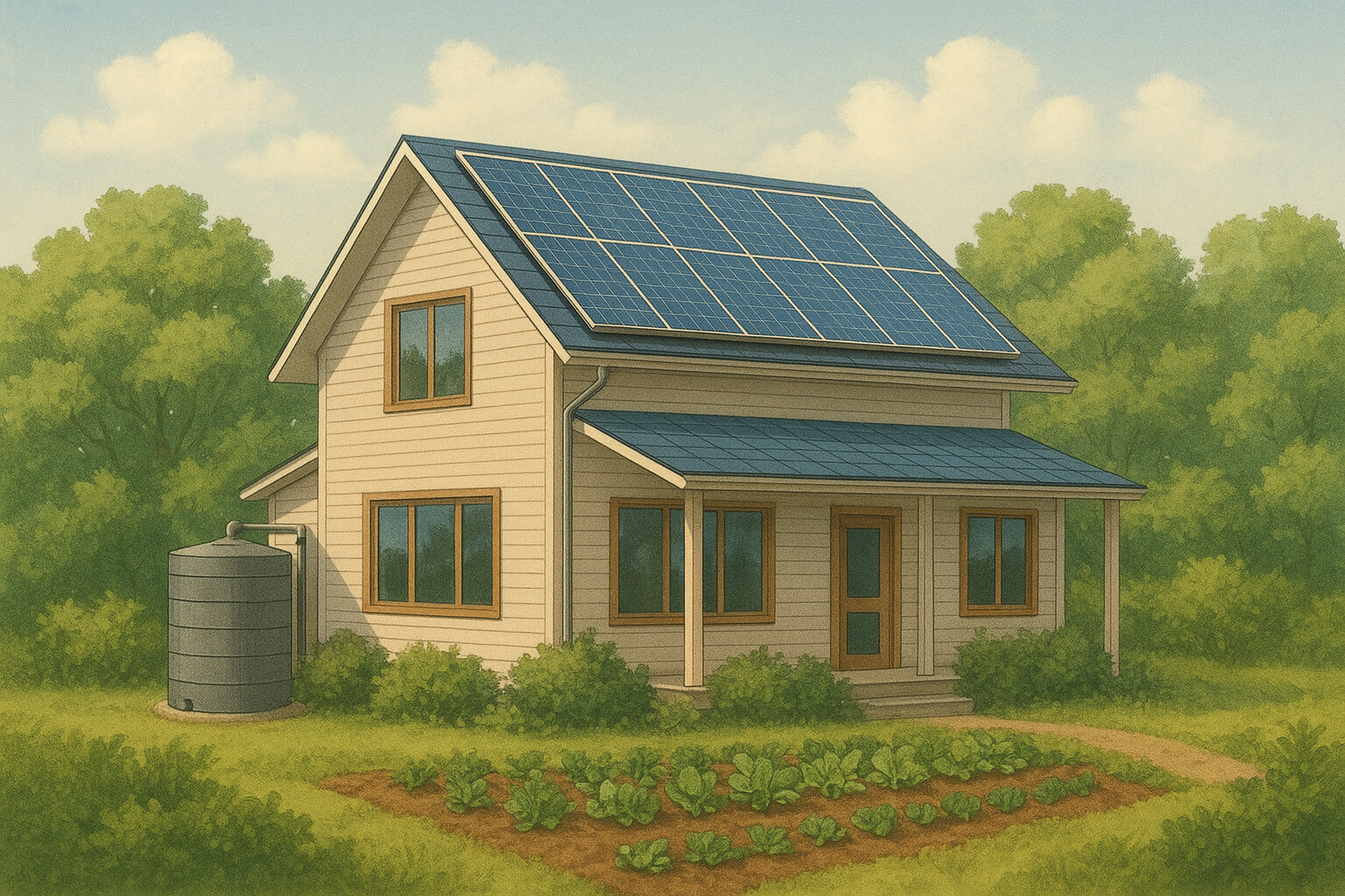 Illustration of a modern eco-friendly home with solar panels, a green roof, and rainwater harvesting system, surrounded by trees and a garden.