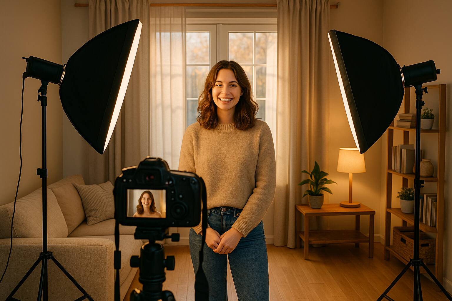 A home photography setup with softbox lights, a tripod, and window light in a modern living room.