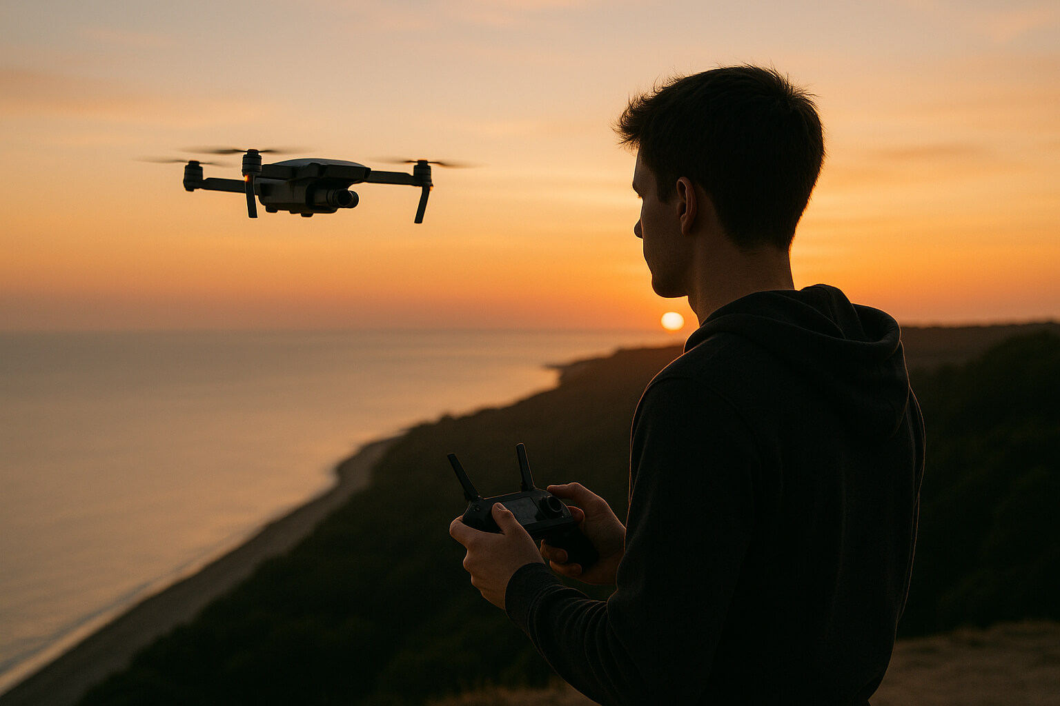 Beginner flying a drone at golden hour with remote in hand and scenic aerial view in the background.