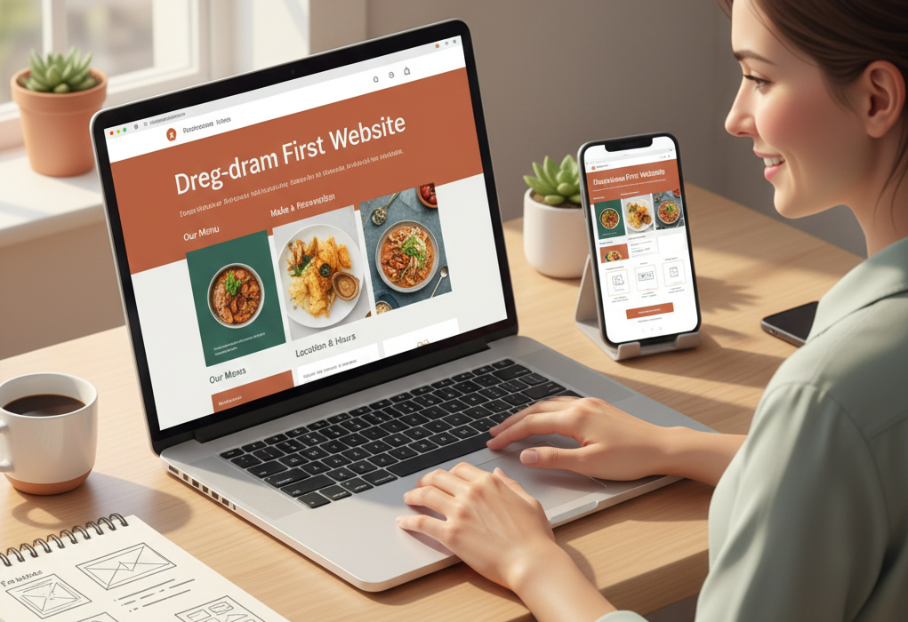 Restaurant owner creating their first restaurant website with menu, reservations, and mobile-friendly design on laptop and smartphone