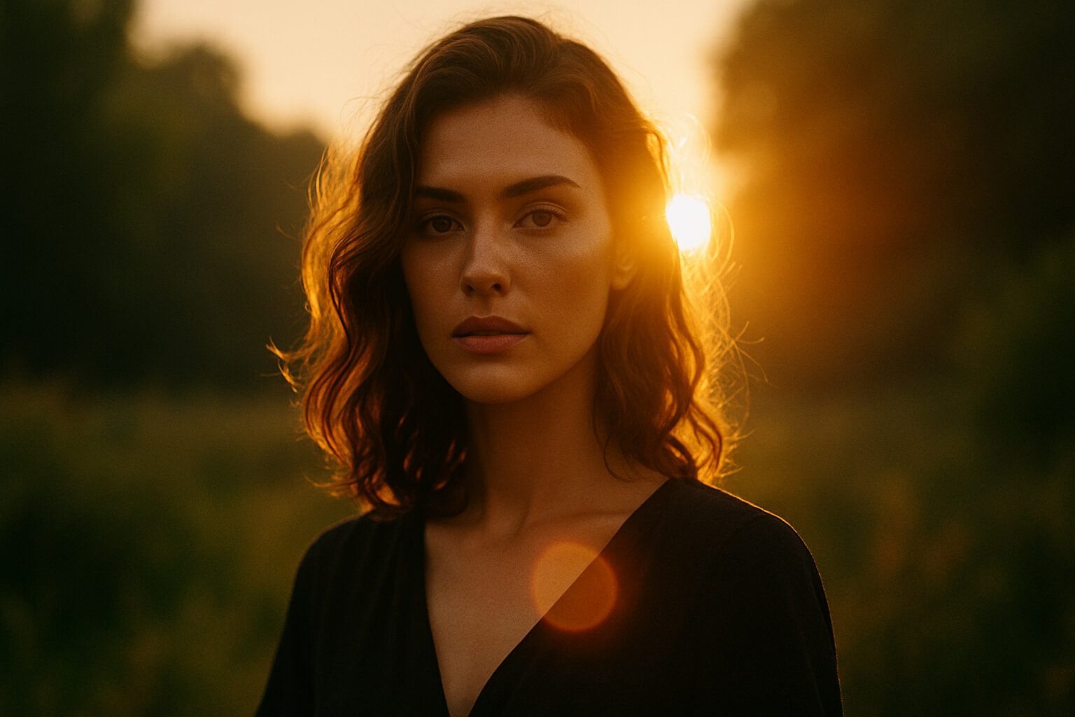 Golden hour portrait of a woman with artistic lens flare effects created by backlighting, evoking a dreamy and cinematic mood.