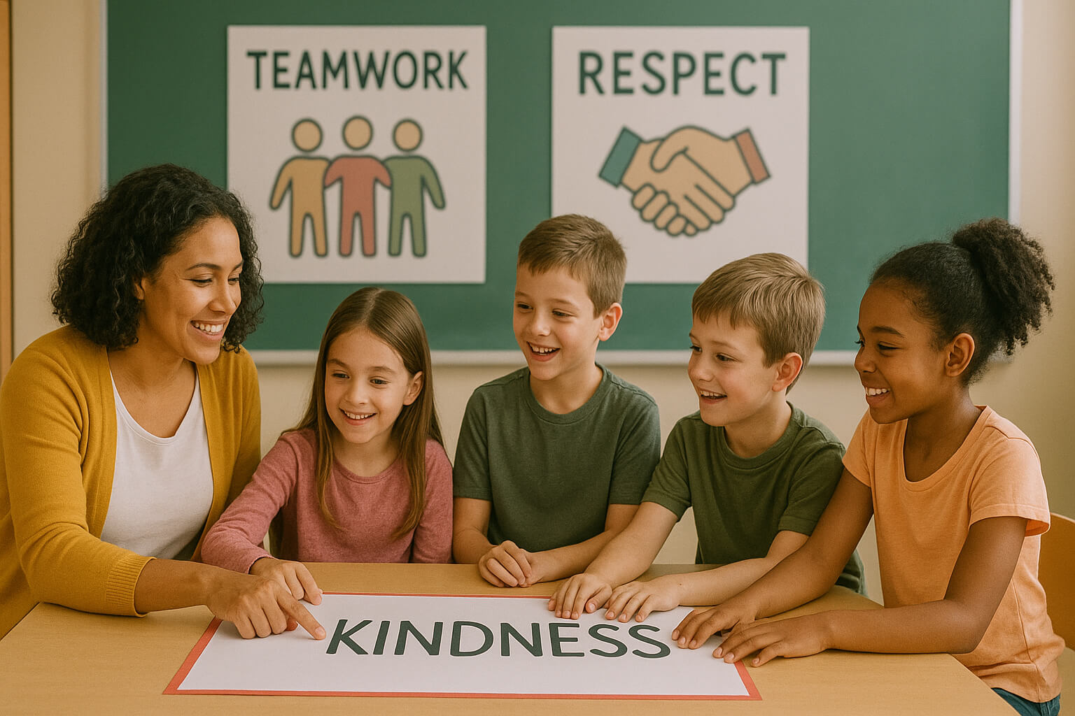 Teacher and students engaging in character education activities promoting values, respect, and teamwork.